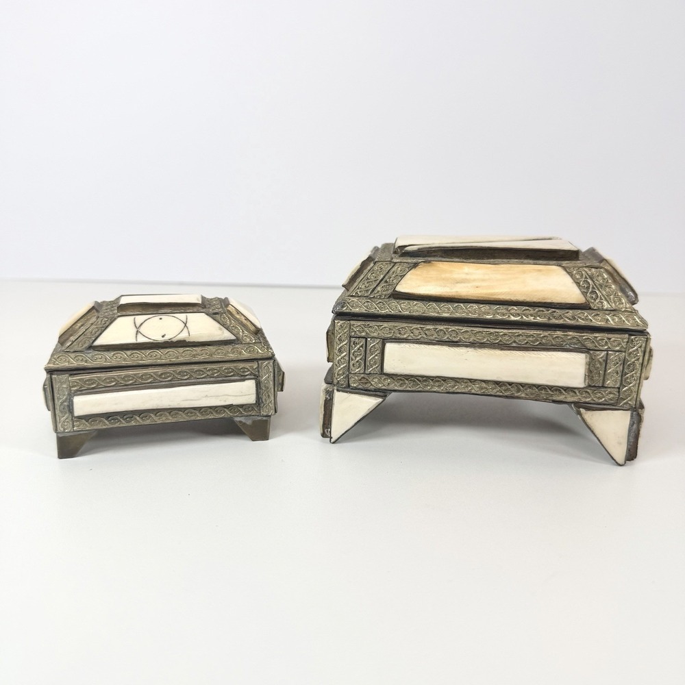 Antique‎ Trinket Boxes Made Of Camel Bone And Brass Set Of 2